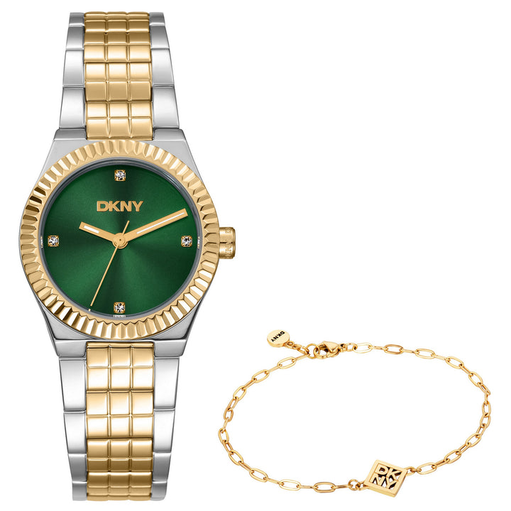 DKNY Essentials Two Tone Stainless Steel 28mm Green Dial Watch and Gold Stainless Steel Bracelet Set