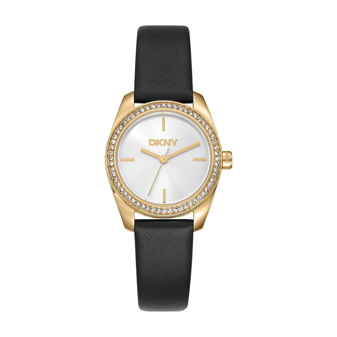 DKNY Evening Black Leather 28mm Watch and Gold Stainless Steel Bracelet Set