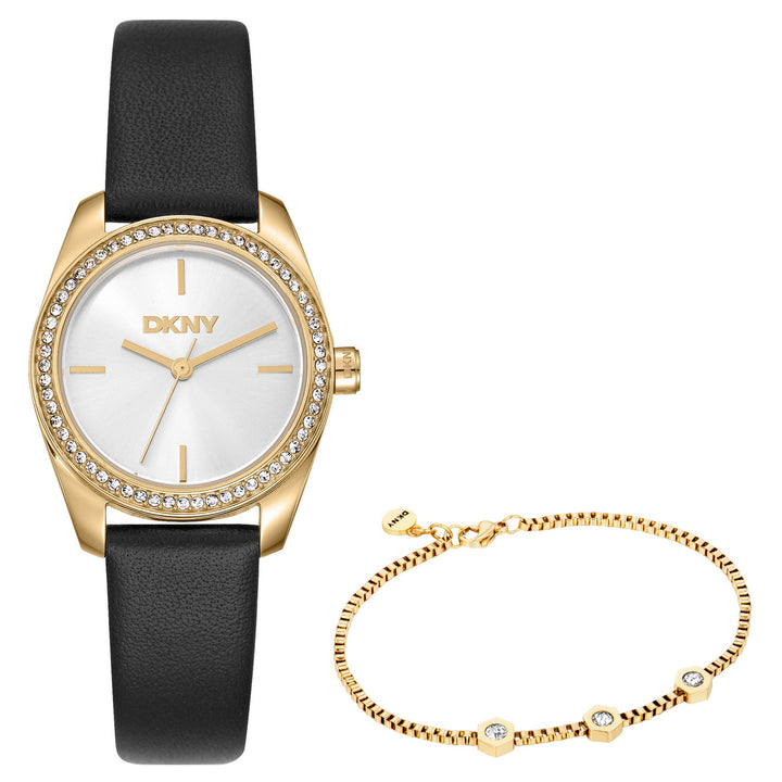 DKNY Evening Black Leather 28mm Watch and Gold Stainless Steel Bracelet Set - view 4