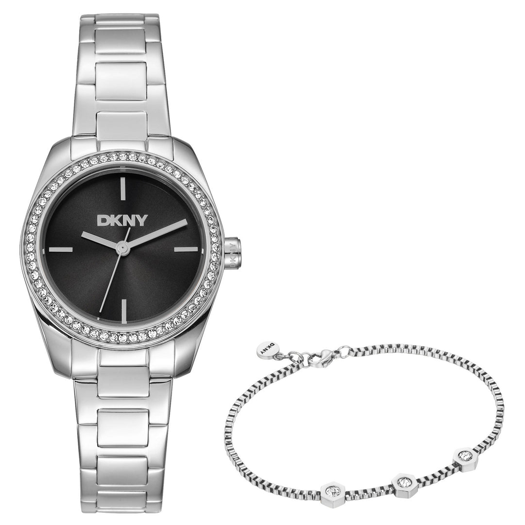 DKNY Evening Silver Stainless Steel 28mm Watch and Stainless Steel Bracelet Set