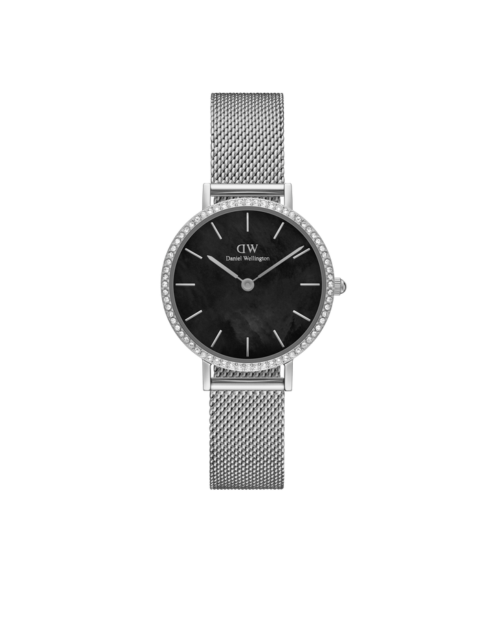 Daniel Wellington Petite 28 Bezel Mesh Black Mother of Pearl Silver Watch