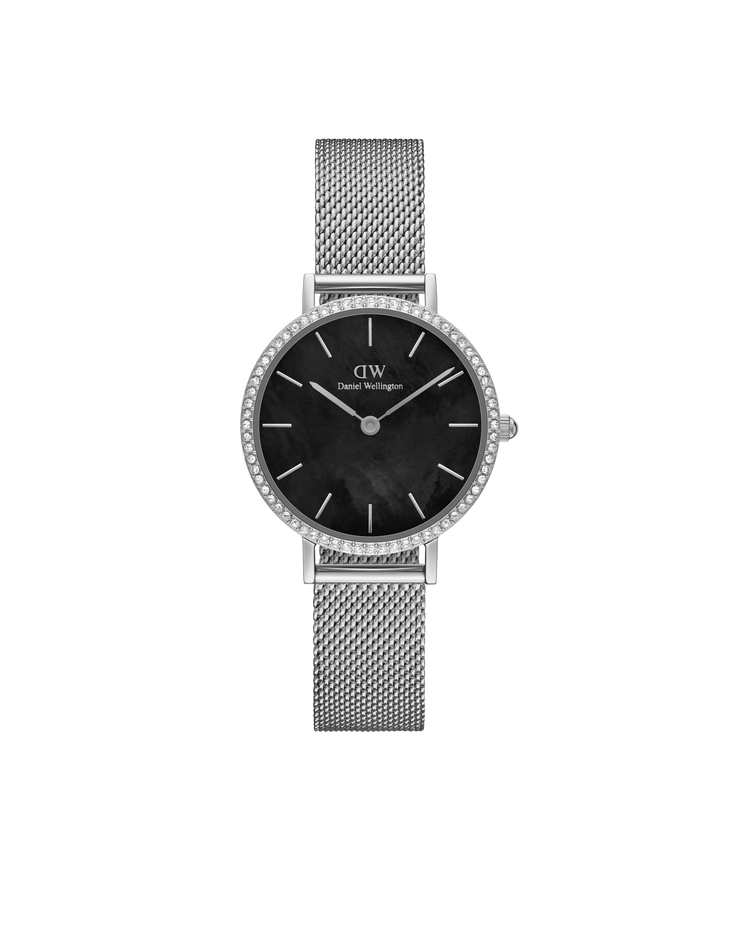 Daniel Wellington Petite 28 Bezel Mesh Black Mother of Pearl Silver Watch