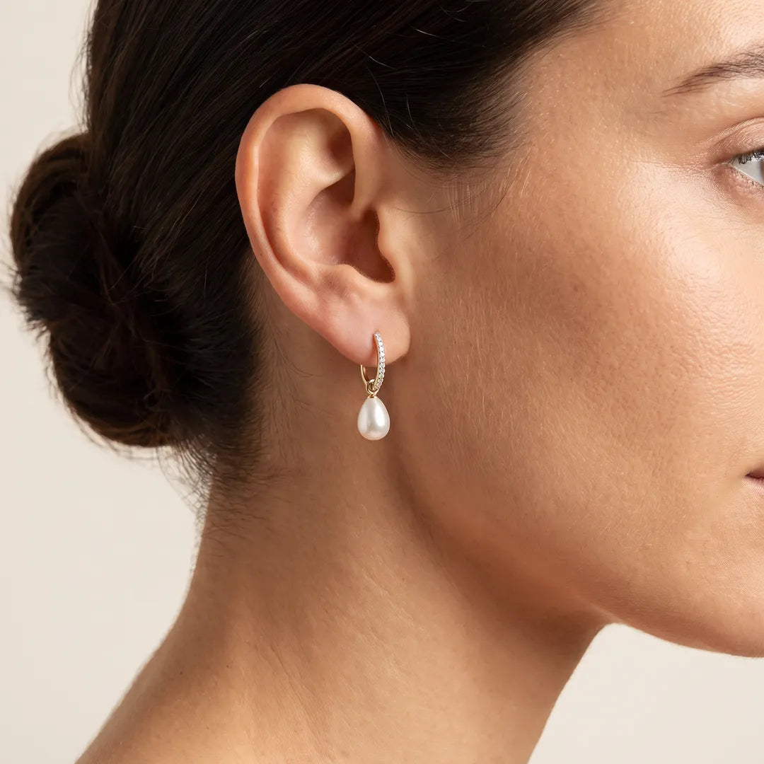 Diamond Pearl Earrings with 0.08ct Diamonds in 9K Yellow Gold worn on model's ear - E-16545-008-Y
