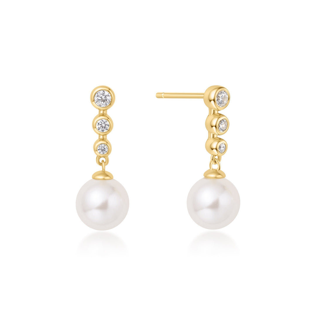 Gold Tennis Beaded Stone Pearl Drop Stud Earrings | The Jewellery Boutique