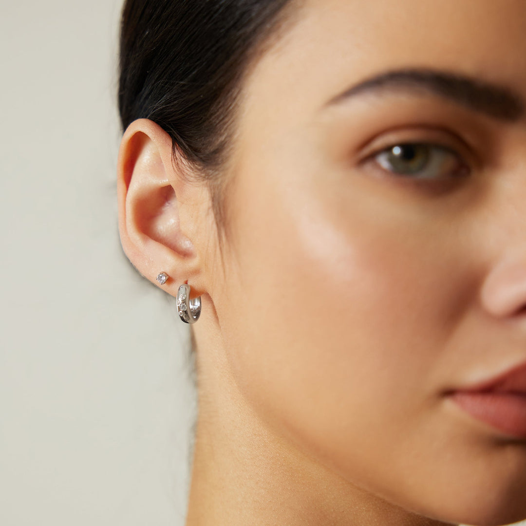 Silver Small Chubby Sparkling Huggie Hoop Earrings | The Jewellery Boutique