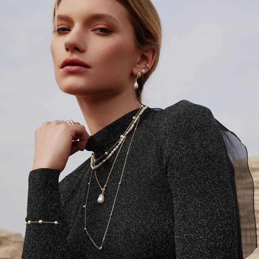 Ania Haie Gold Sparkling Duet Mixed Shell Pearl Drop Huggie Hoop Earrings