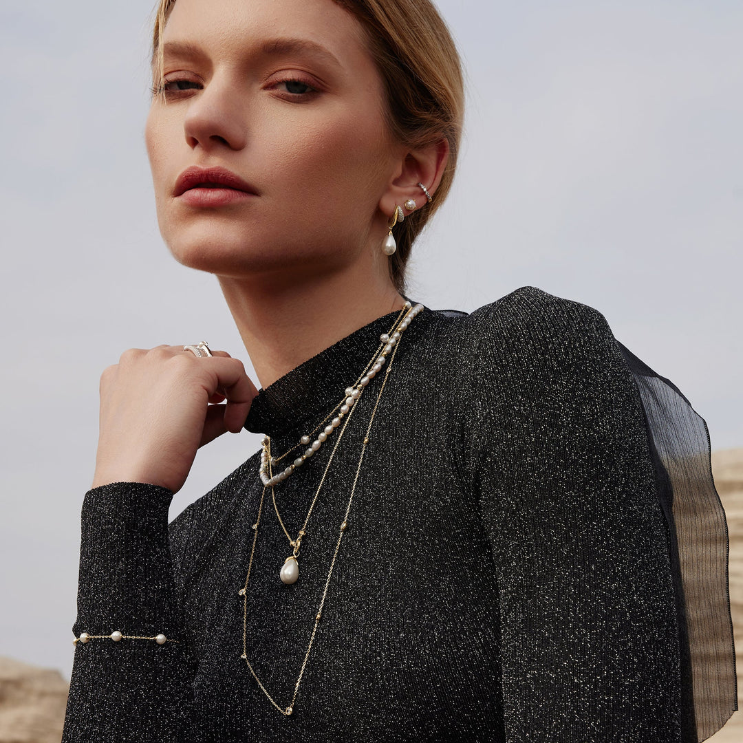 Ania Haie Gold Sparkling Duet Mixed Shell Pearl Drop Huggie Hoop Earrings