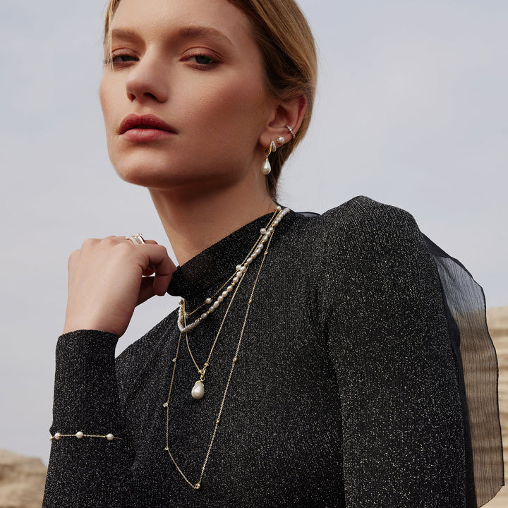 Ania Haie Gold Sparkling Duet Mixed Shell Pearl Drop Huggie Hoop Earrings