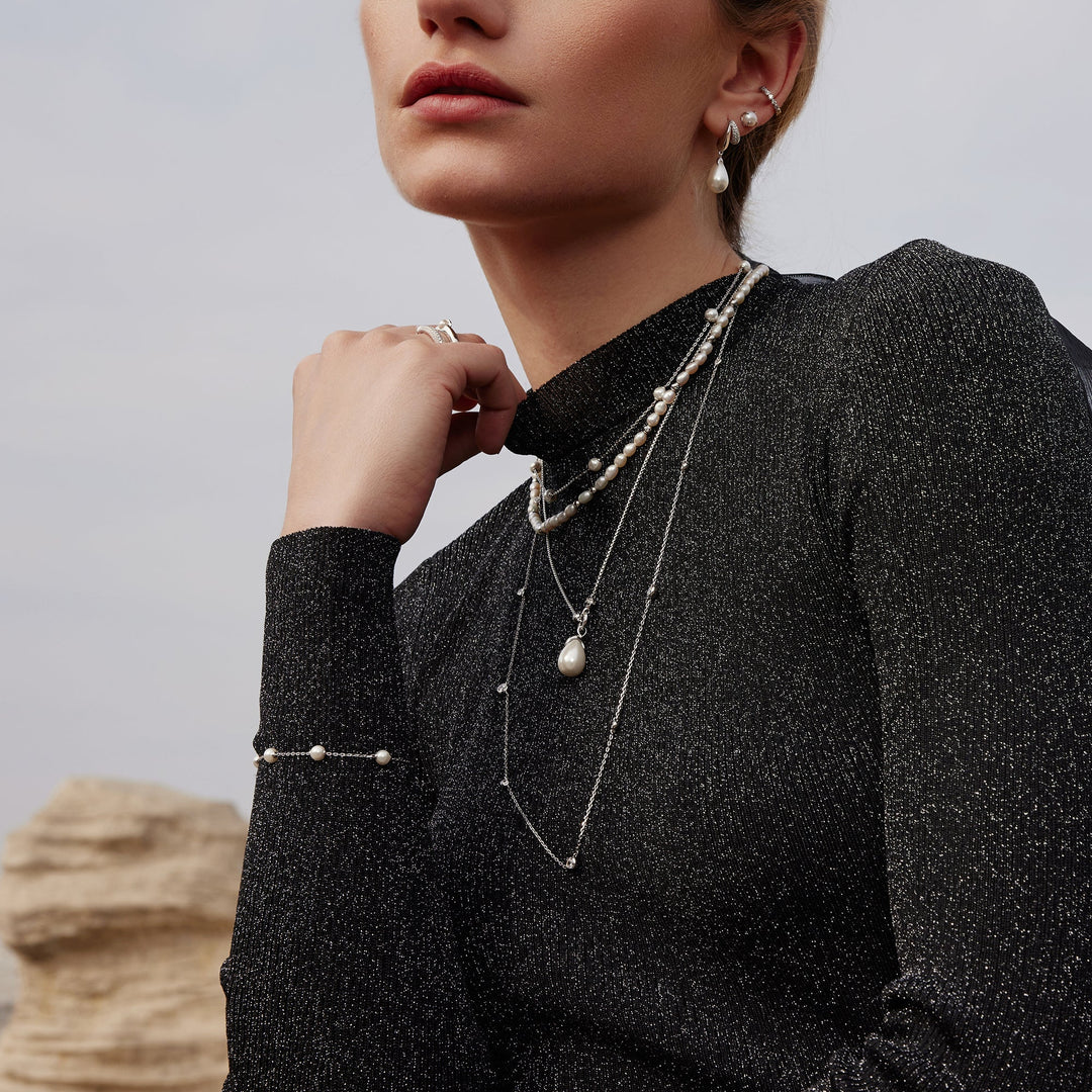 Ania Haie Silver Sparkling Duet Mixed Shell Pearl Drop Huggie Hoop Earrings