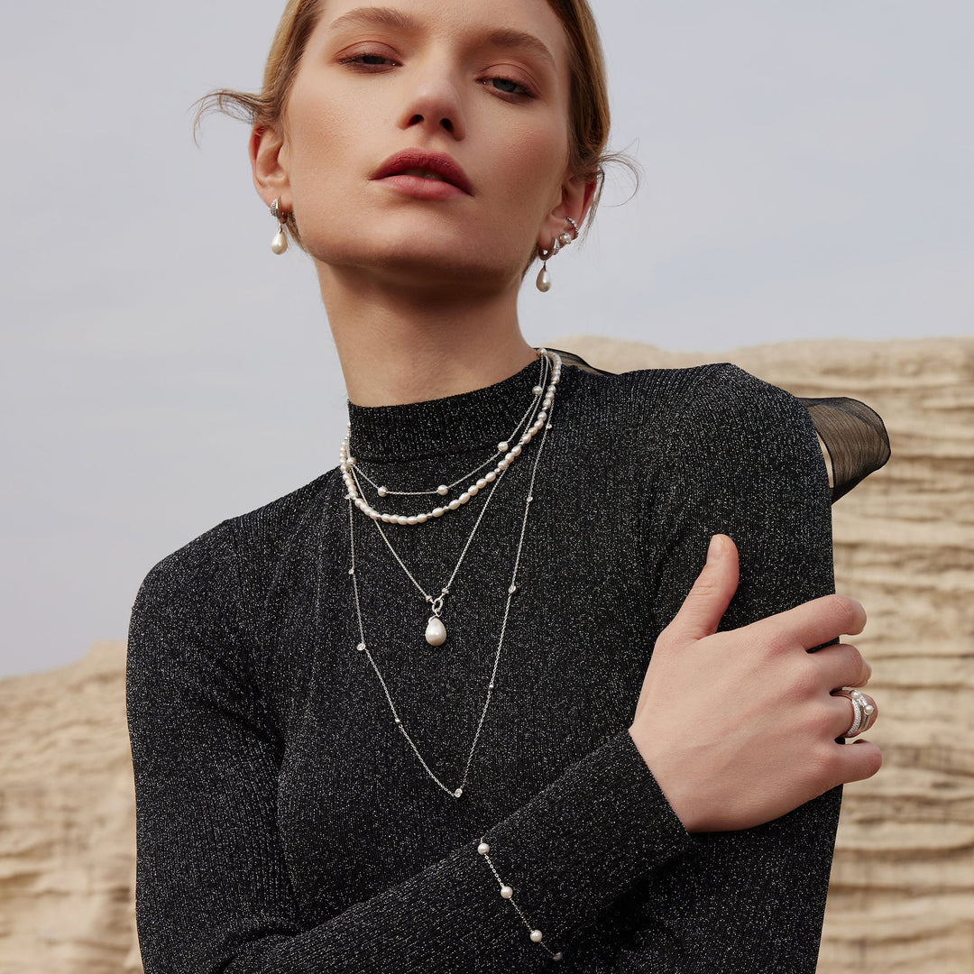 Ania Haie Silver Sparkling Duet Mixed Shell Pearl Drop Huggie Hoop Earrings