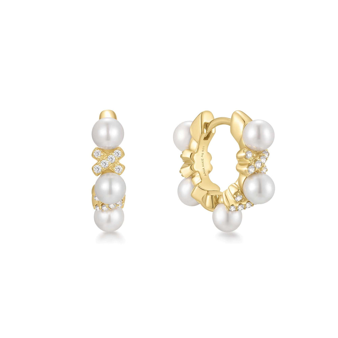 Ania Haie Gold Sparkling Braided Shell Pearl Huggie Hoop Earrings