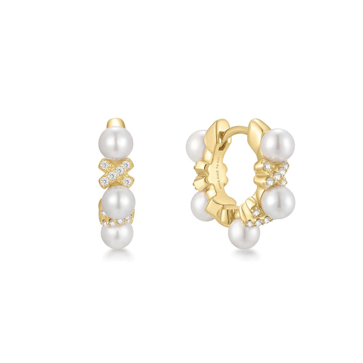 Ania Haie Gold Sparkling Braided Shell Pearl Huggie Hoop Earrings