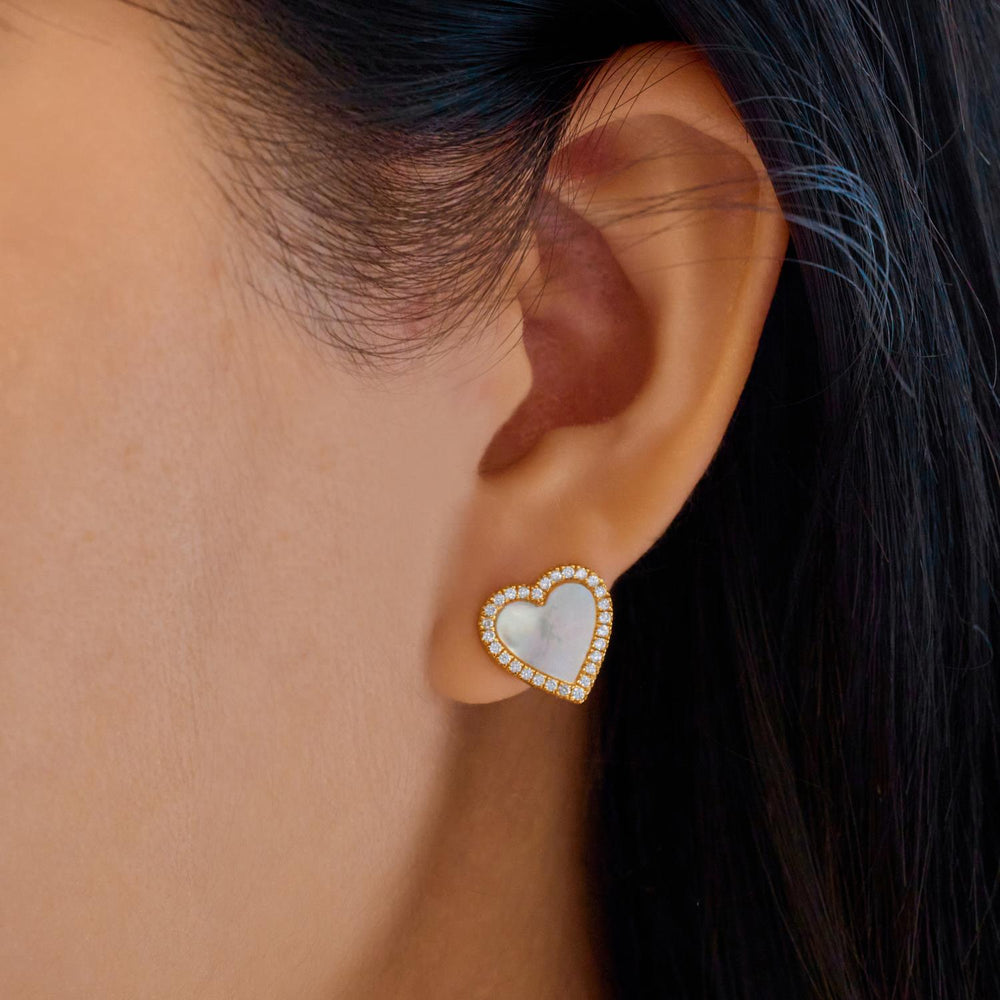 Gold Mother of Pearl Halo Heart Stud Earrings | The Jewellery Boutique Australia