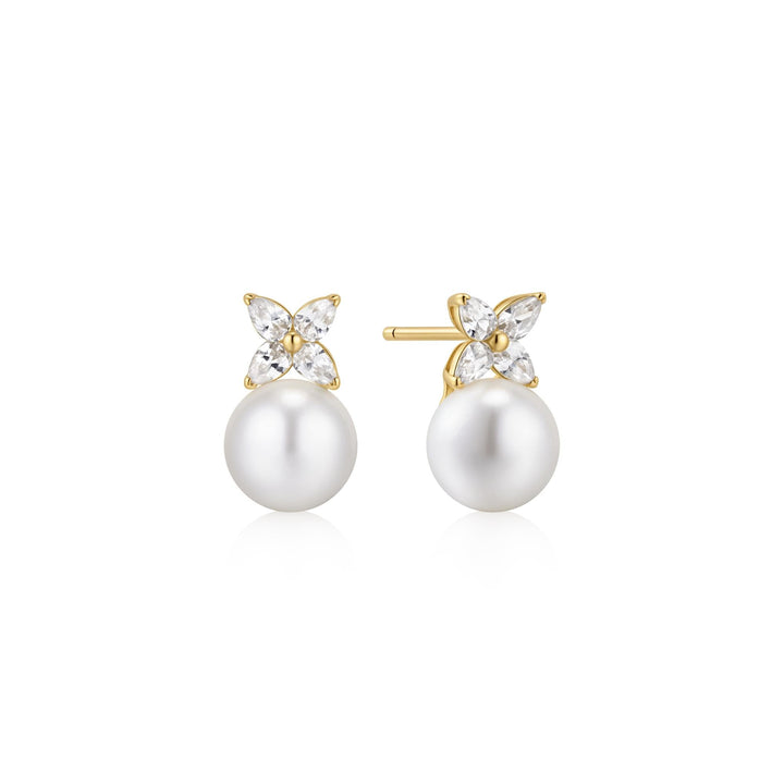 Gold Shell Pearl & Lucky Clover Stud Earrings