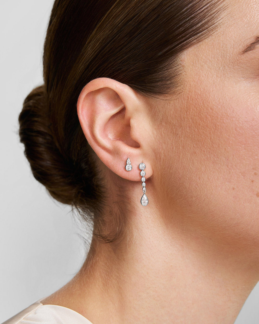 Silver Bezel Round & Teardrop Stud Earrings