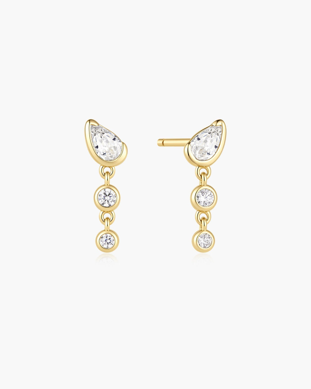 Gold Teardrop & Bezel Round Dangle Stud Earrings