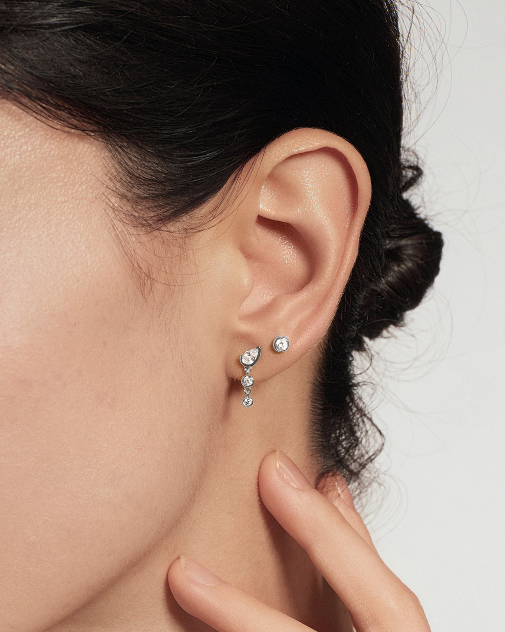 Silver Teardrop & Bezel Round Dangle Stud Earrings