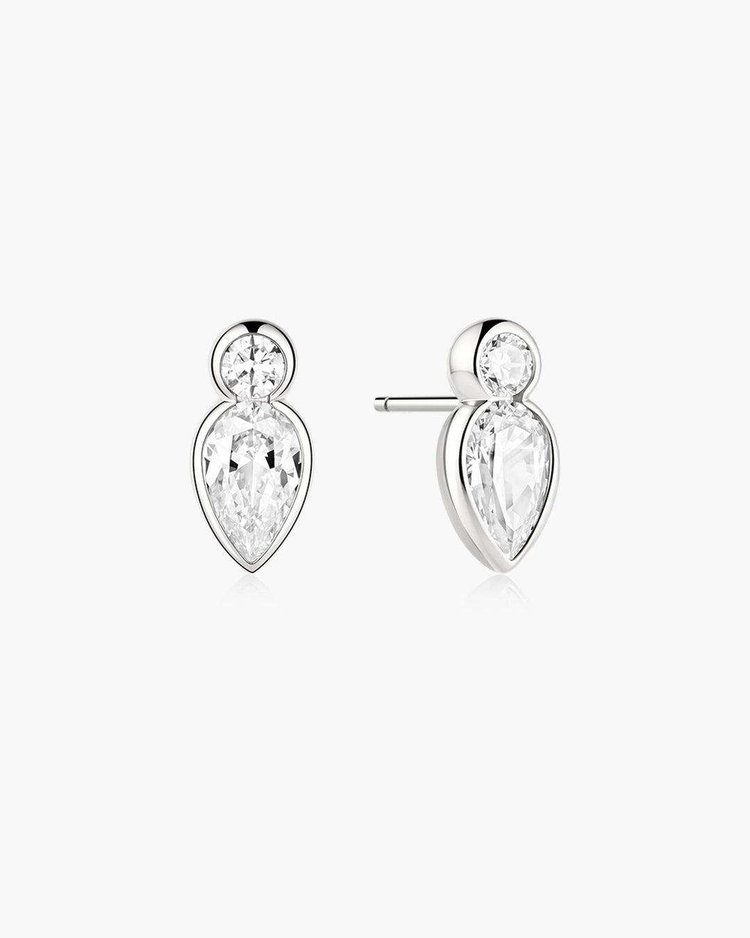 Silver Bezel Inverted Teardrop & Round Stud Earrings