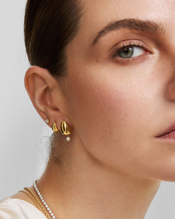 Gold Organic Dome Pebble with Bezel Dangle Stud Earrings