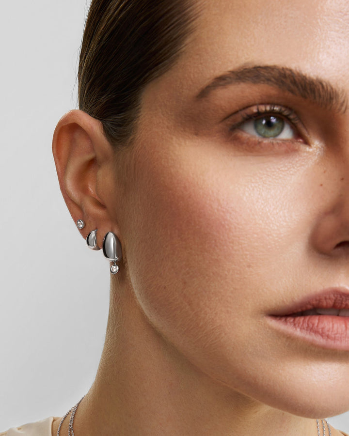 Silver Organic Dome Pebble with Bezel Dangle Stud Earrings