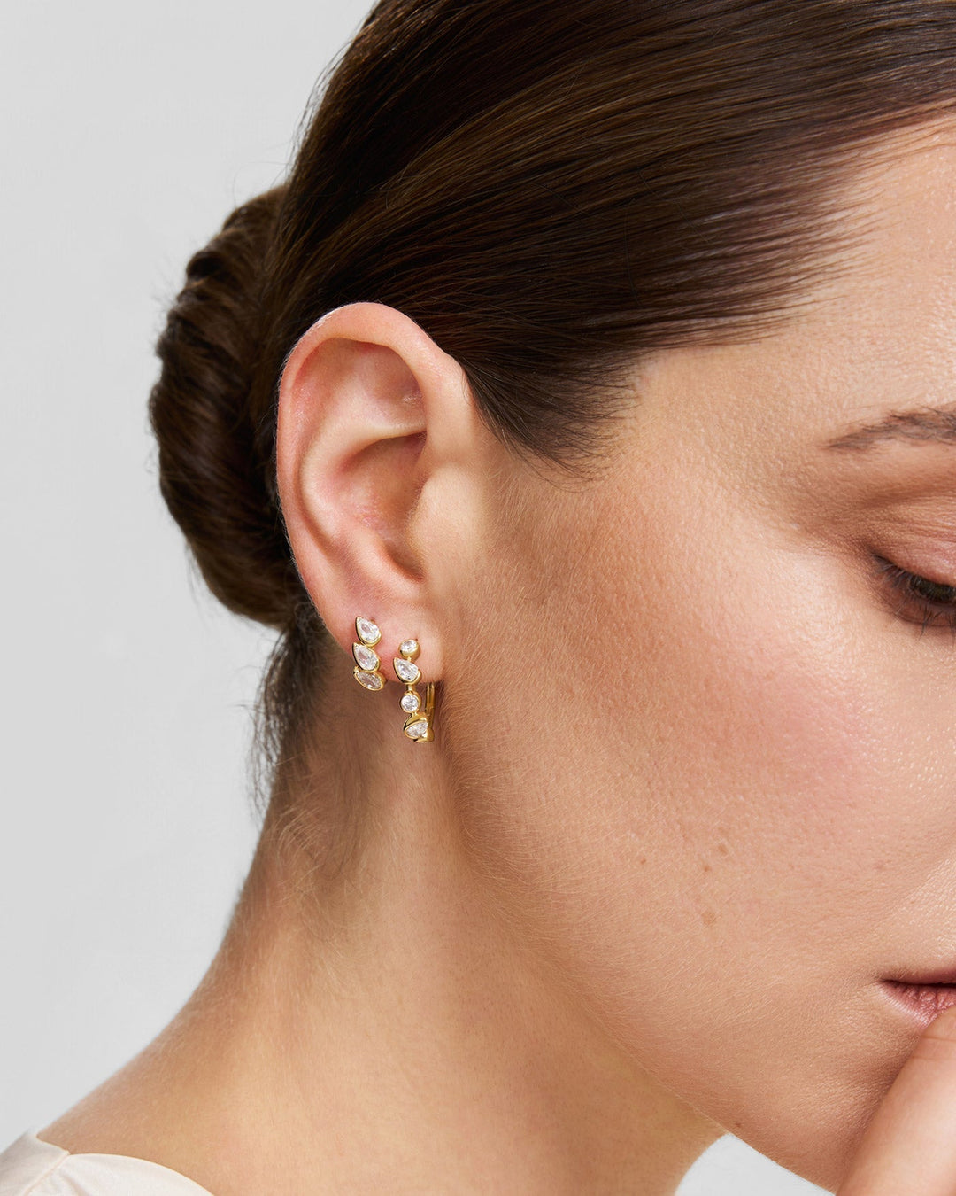 Gold Bezel Round & Teardrop Huggie Hoop Earrings