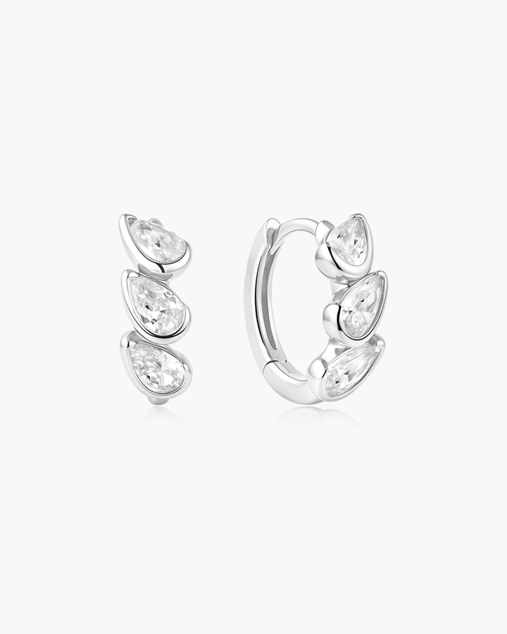 Silver Triple Half-Bezel Teardrop Huggie Hoop Earrings
