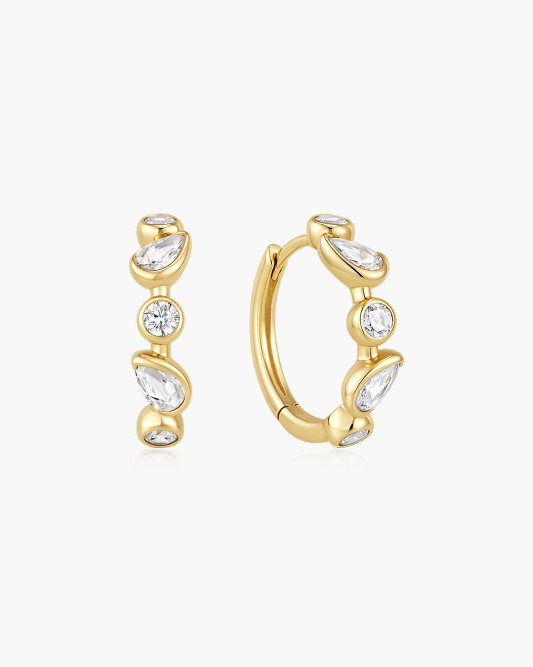 Gold Bezel Round & Teardrop Huggie Hoop Earrings