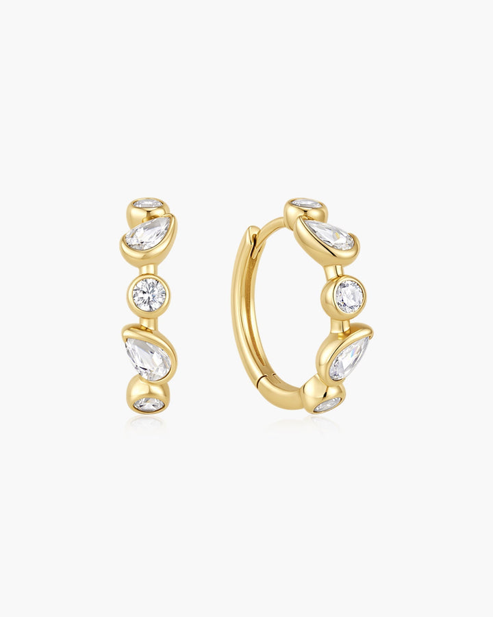 Gold Bezel Round & Teardrop Huggie Hoop Earrings