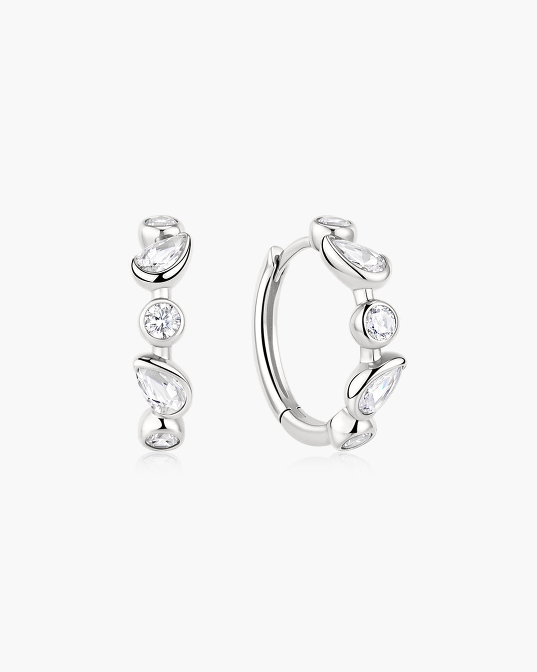 Silver Bezel Round & Teardrop Huggie Hoop Earrings