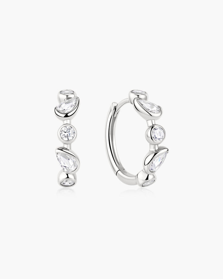 Silver Bezel Round & Teardrop Huggie Hoop Earrings