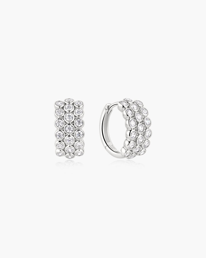 Silver Triple Row Bezel Huggie Hoop Earrings