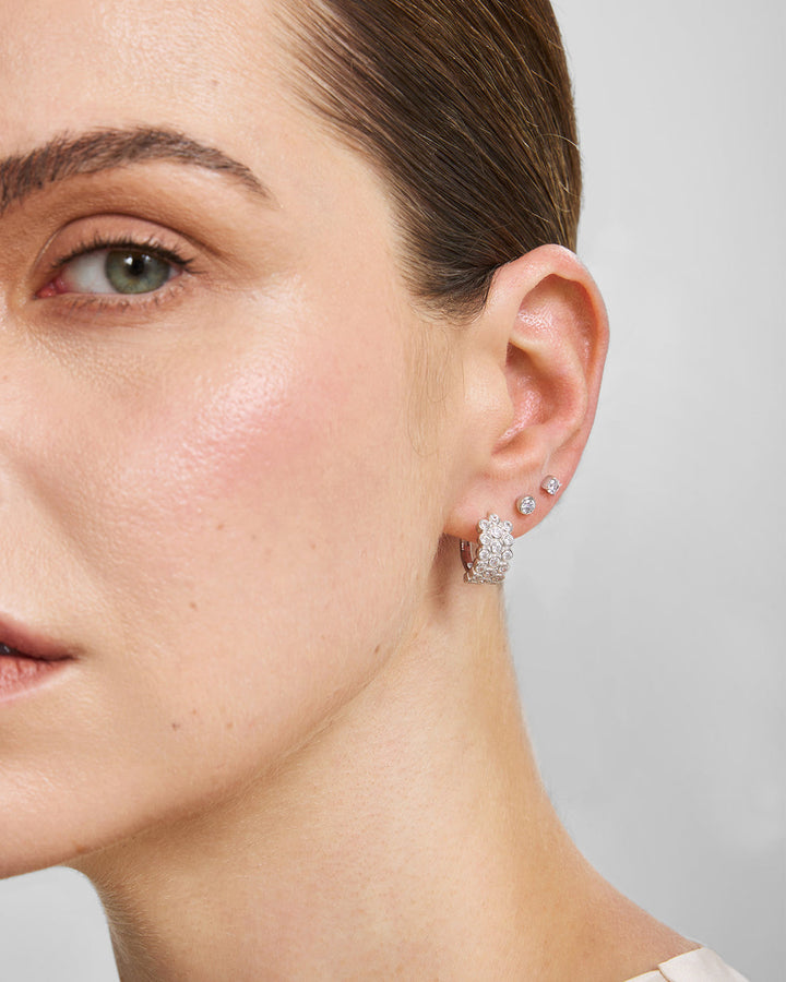 Silver Triple Row Bezel Huggie Hoop Earrings
