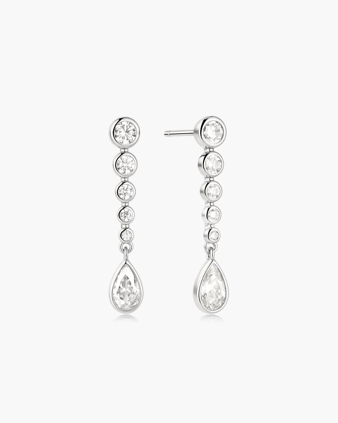Silver Graduated Bezel Round & Teardrop Dangle Stud Earrings
