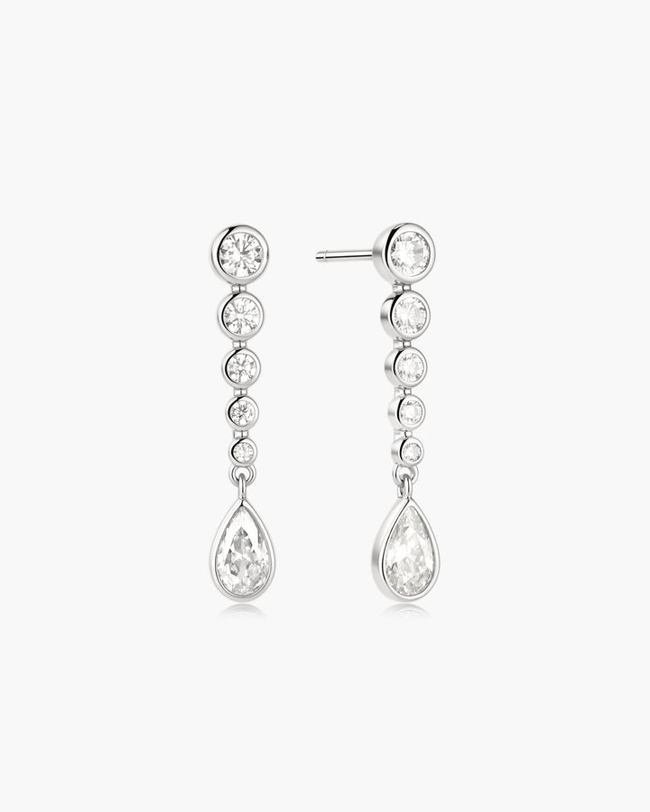 Silver Graduated Bezel Round & Teardrop Dangle Stud Earrings