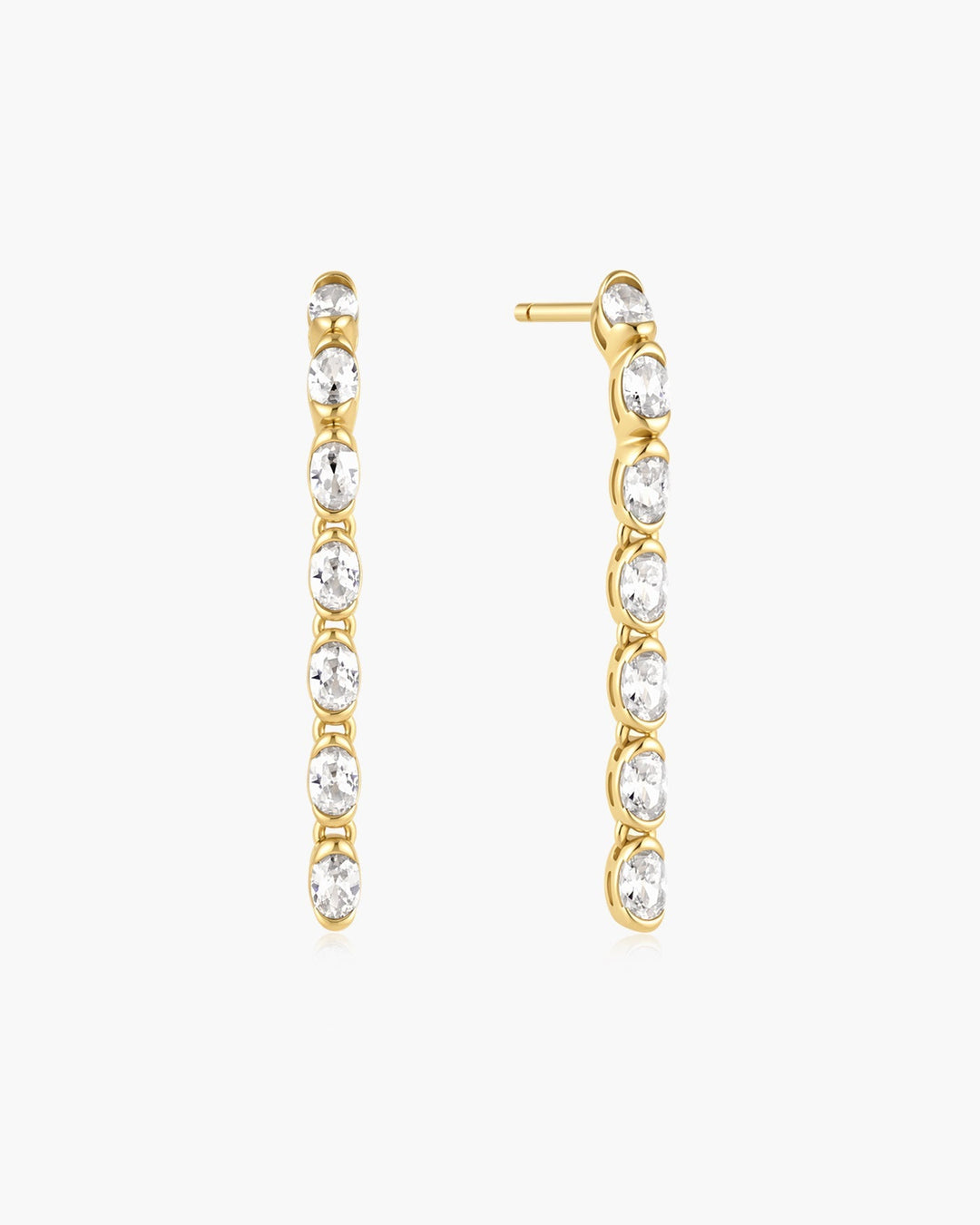 Gold Half-Bezel Oval Linear Dangle Stud Earrings