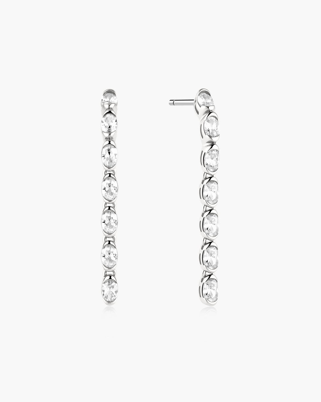 Silver Half-Bezel Oval Linear Dangle Stud Earrings