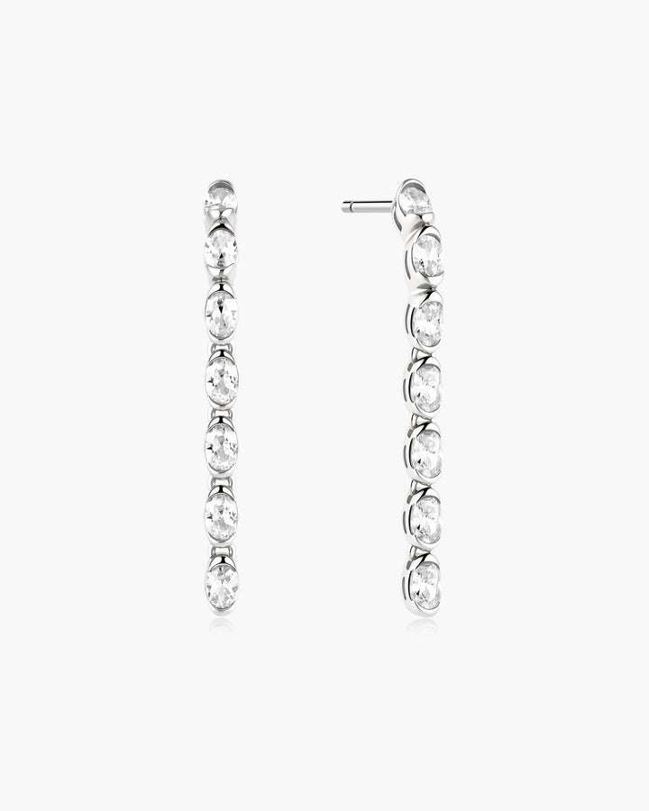 Silver Half-Bezel Oval Linear Dangle Stud Earrings