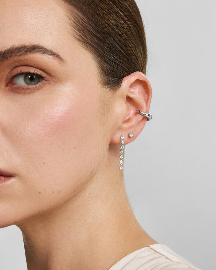 Silver Half-Bezel Oval Linear Dangle Stud Earrings