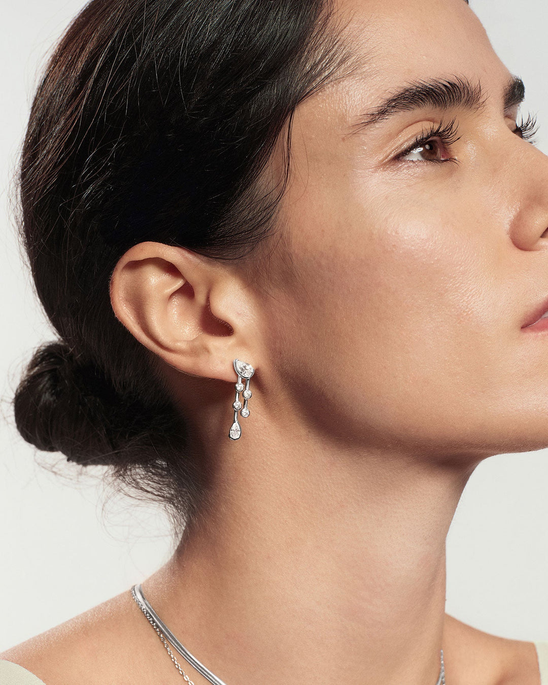 Silver Half-Bezel Teardrop Dual Drop Stud Earrings