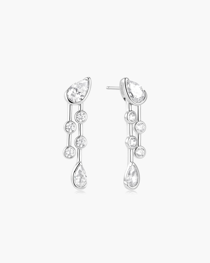 Silver Half-Bezel Teardrop Dual Drop Stud Earrings
