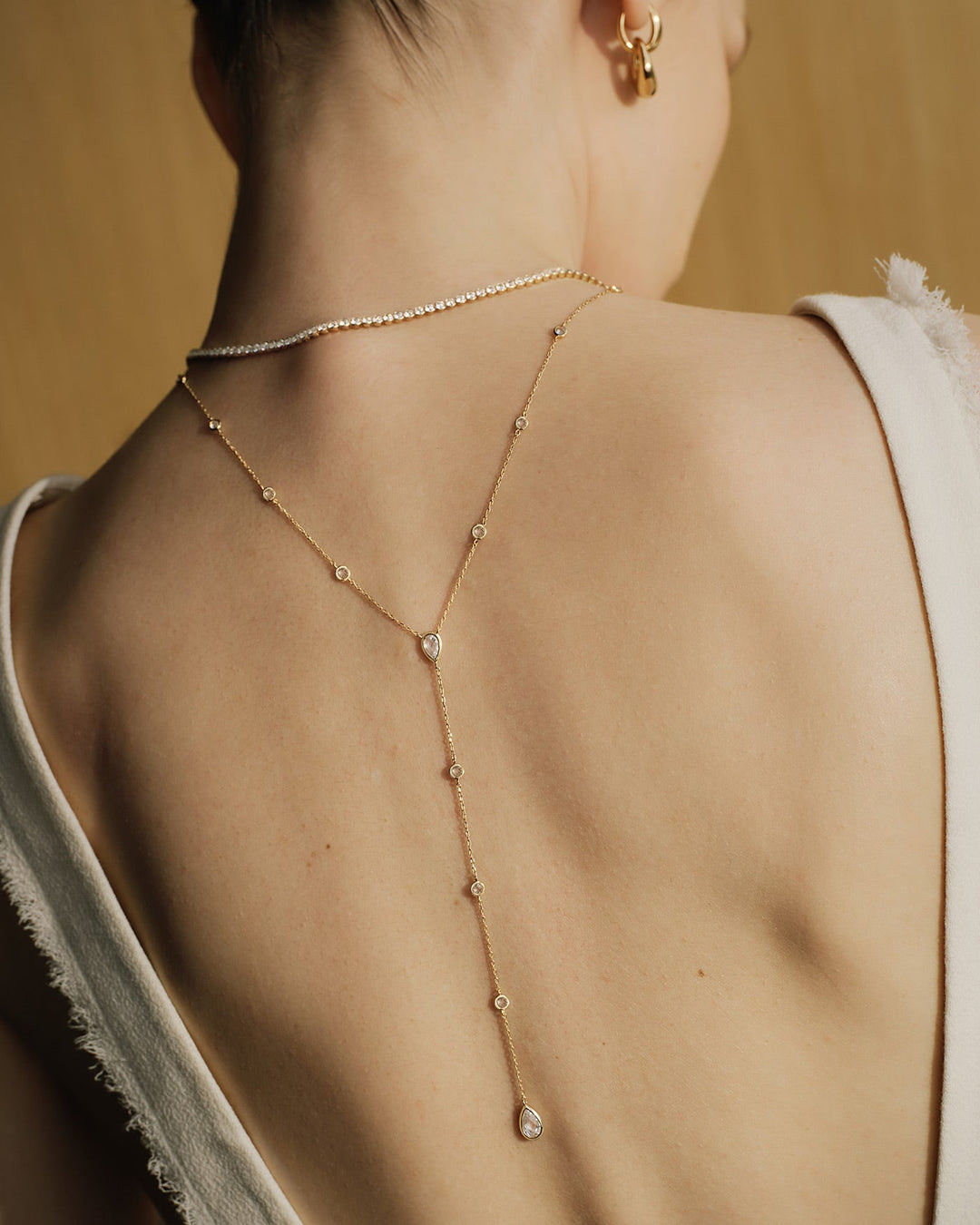 Gold Round & Teardrop Bezel Station Y Necklace