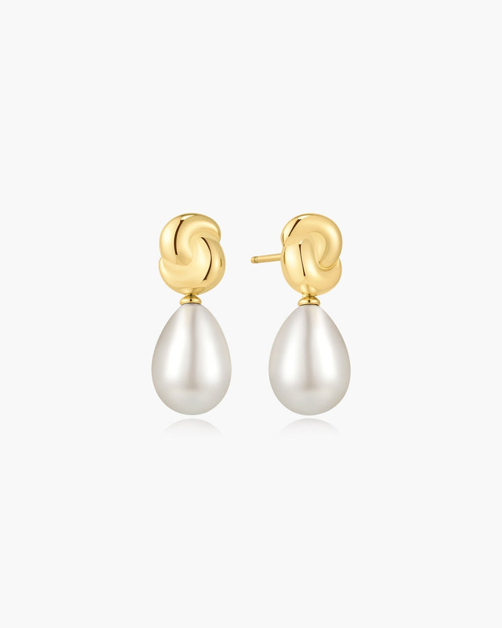 Gold Twist & Shell Pearl Drop Stud Earrings