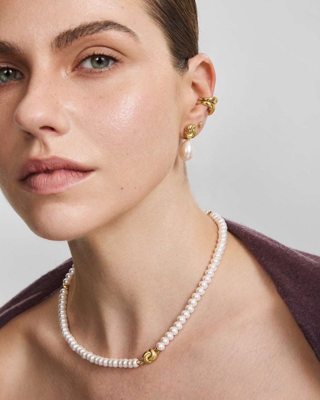 Gold Twist & Shell Pearl Drop Stud Earrings