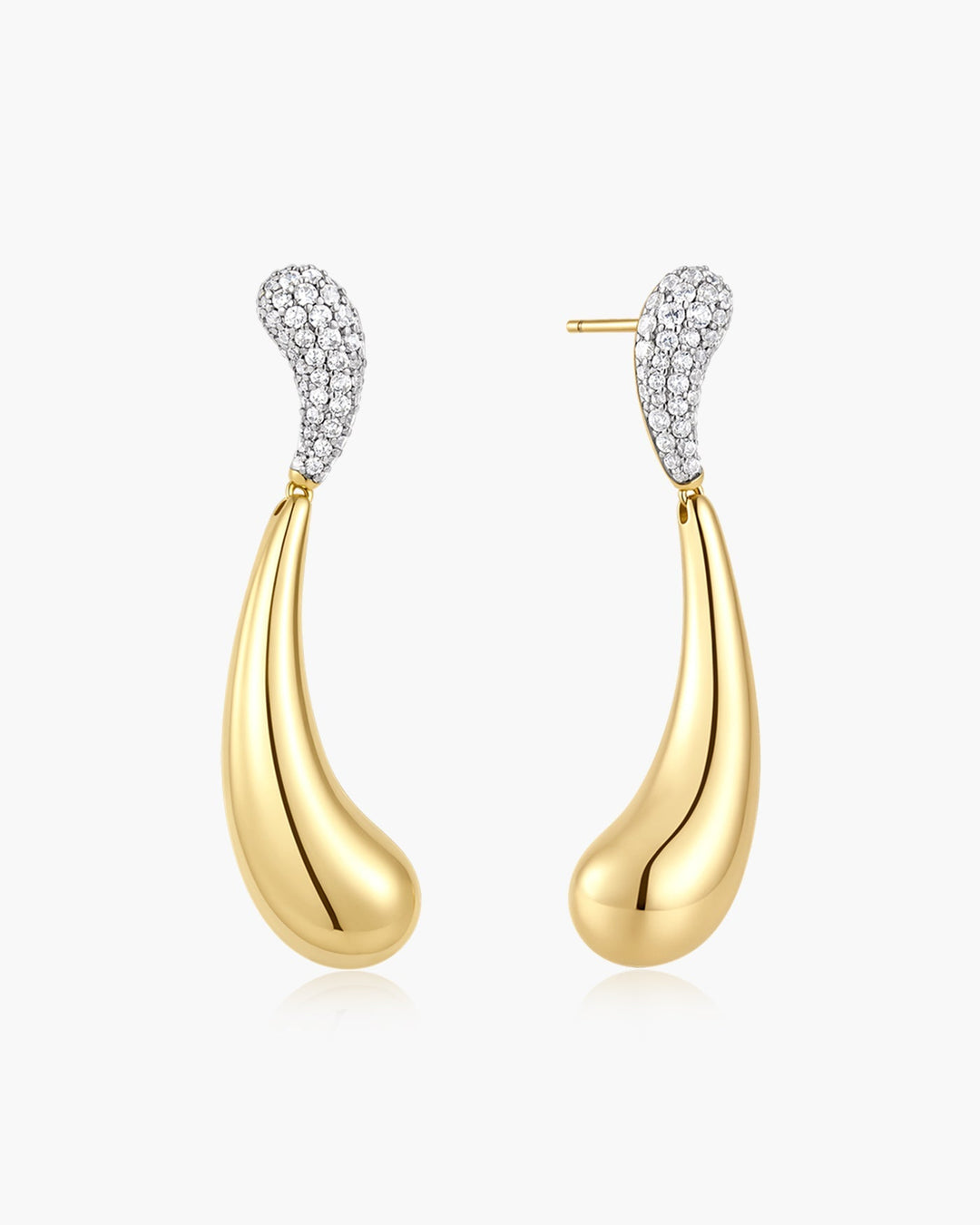 Gold Pave & Polished Wave Teardrop Dangle Stud Earrings