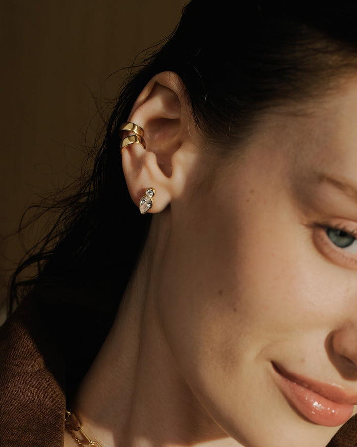 Gold Bezel Inverted Teardrop & Round Stud Earrings