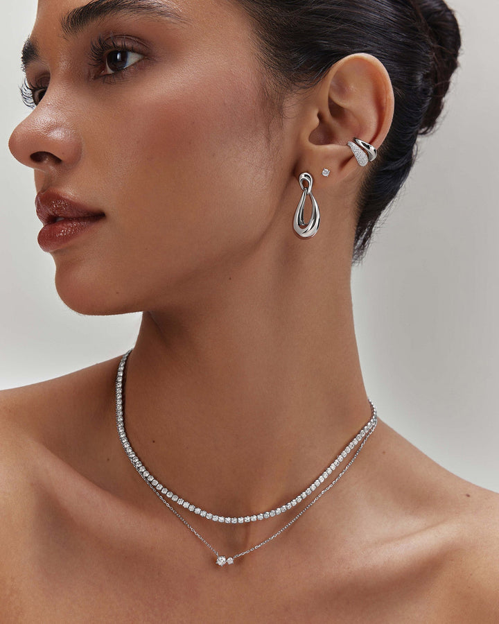 Silver Interlocked Wave Stud Hoop Earrings