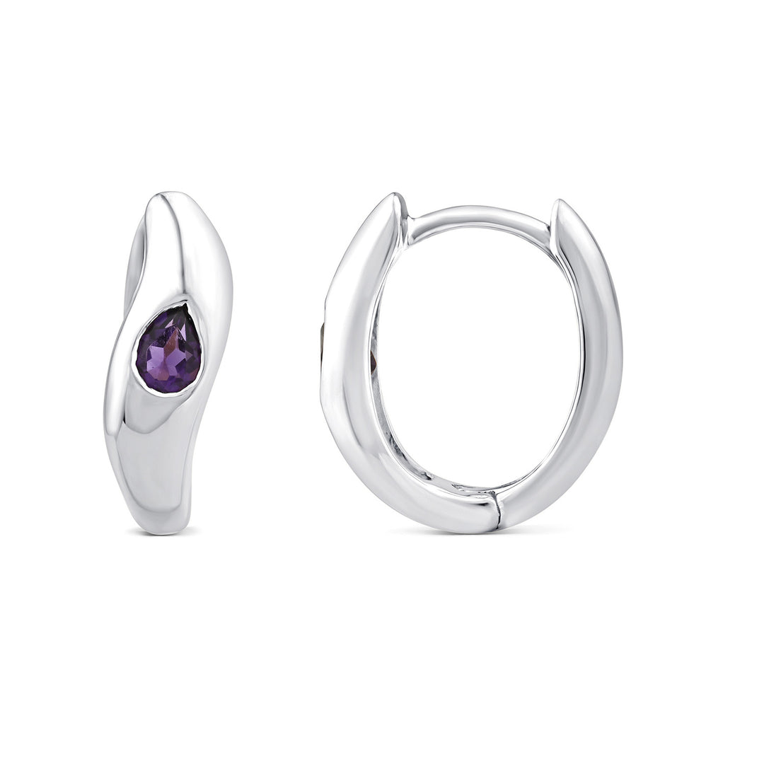 Pear Purple Amethyst Hoop Earrings in 9K White Gold