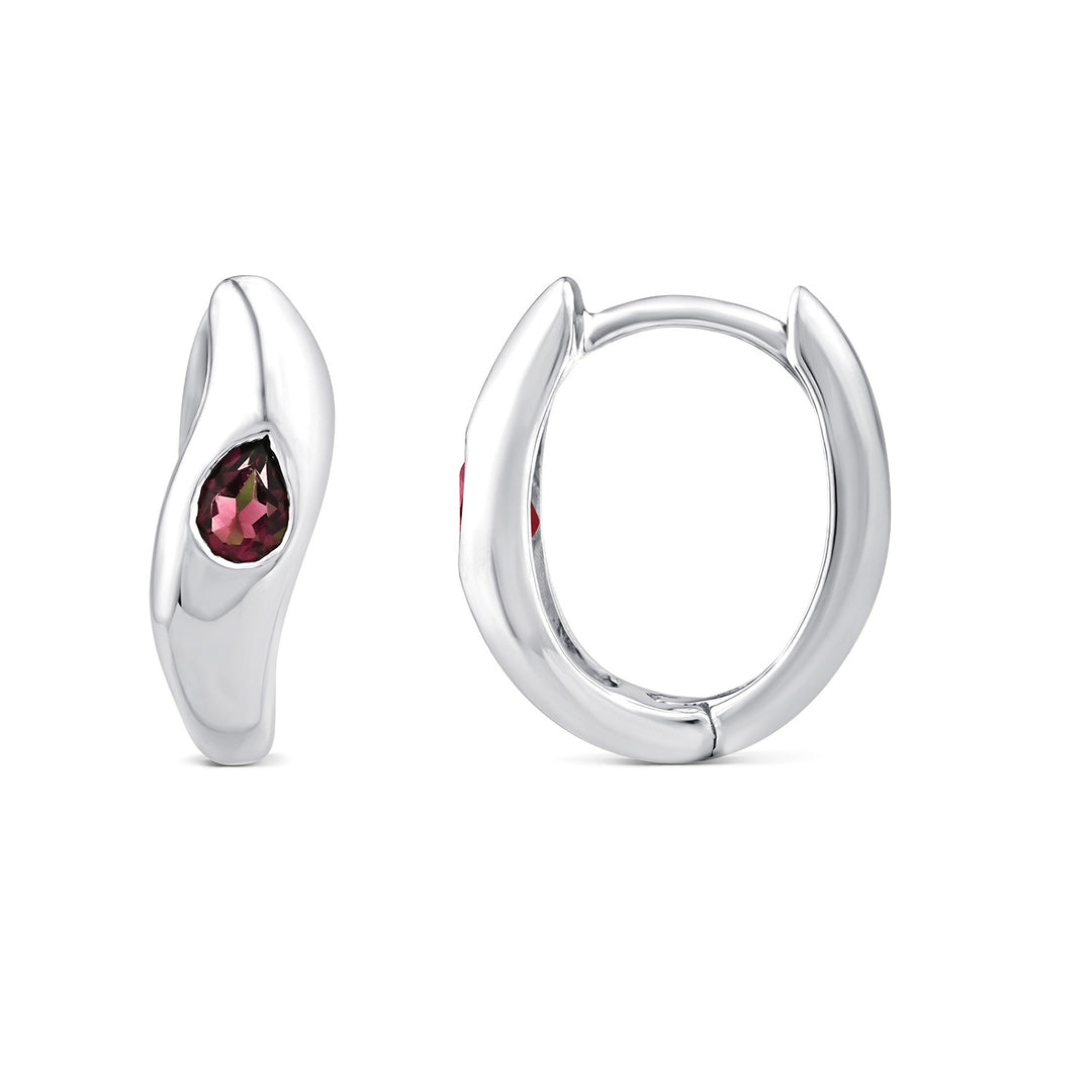 Pear Garnet Wave Hoop Earrings in 9K White Gold