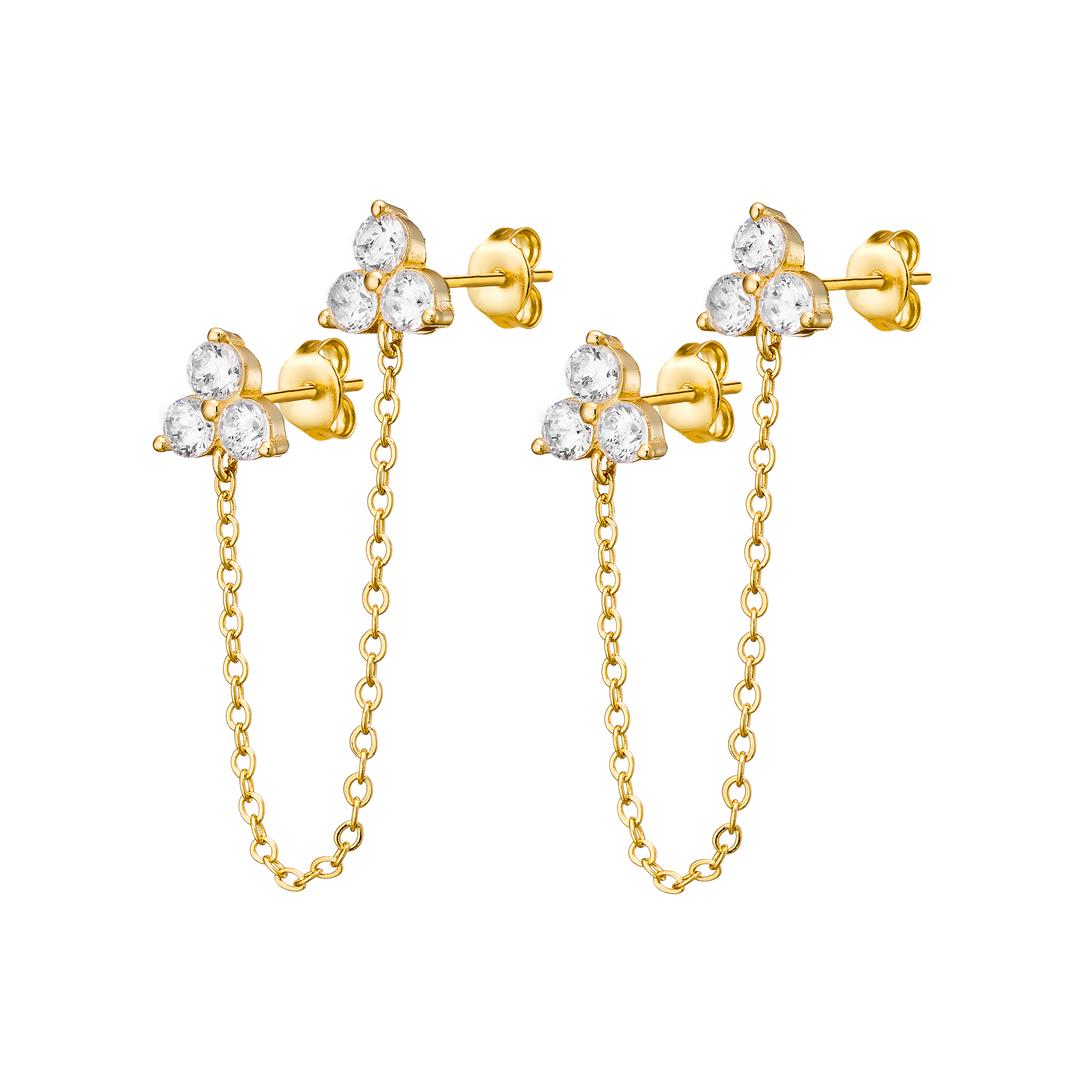 Elevate 14k Gold Vermeil Tri Cubic Zirconia Chain Drop Studs