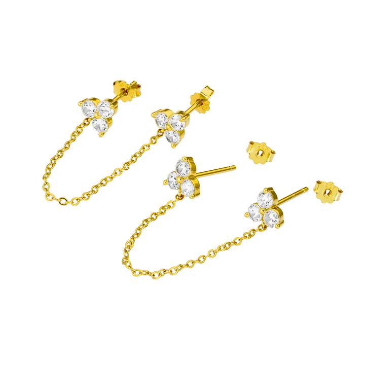 Elevate 14k Gold Vermeil Tri Cubic Zirconia Chain Drop Studs